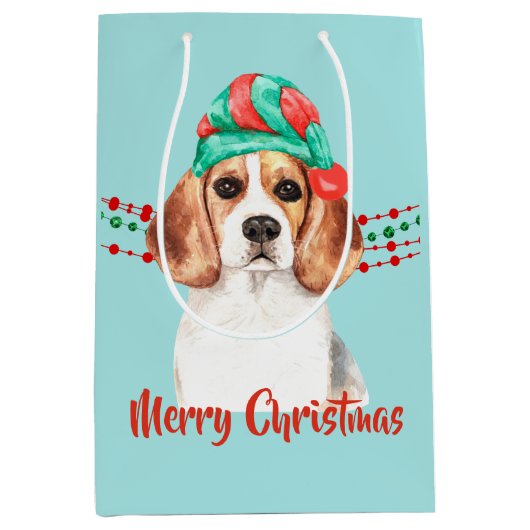 Beagle Dog Santa Hat Holiday String Beads Medium Cadeauzakje (Voorkant)