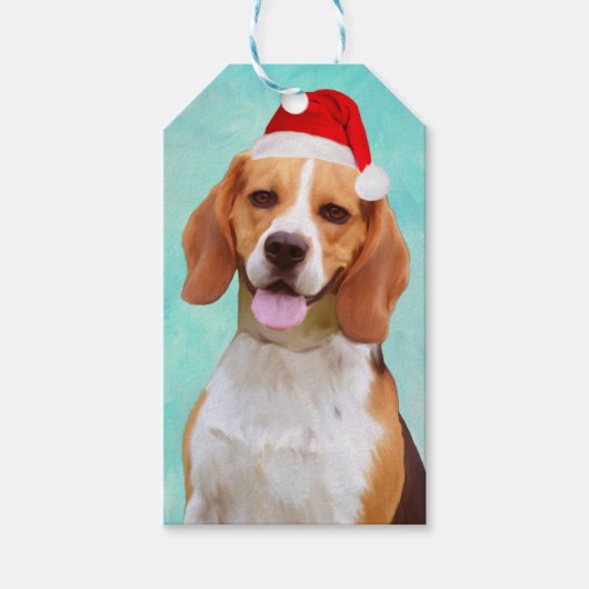 Beagle Dog Santa Hat Portret Cadeaulabel (Voorkant)