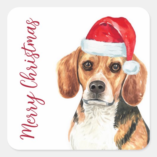 Beagle Dog Santa Schattige Vrolijk Kerstfeest Vierkante Sticker (Voorkant)