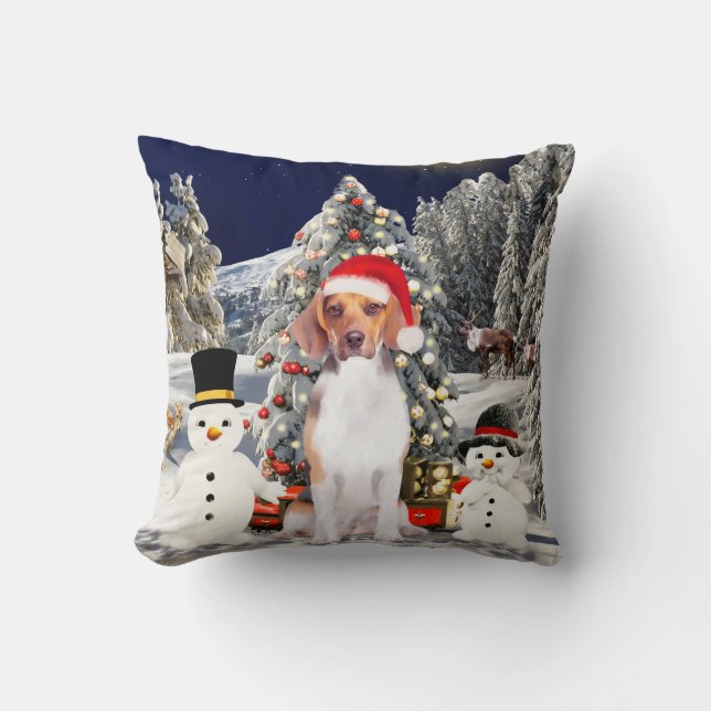 Beagle Dog Sitting in sneeuwkerstPet Kussen (Voorkant)