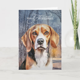 Beagle Dog Snowy Woodland Forest Vrolijk Kerstfees Feestdagen Kaart