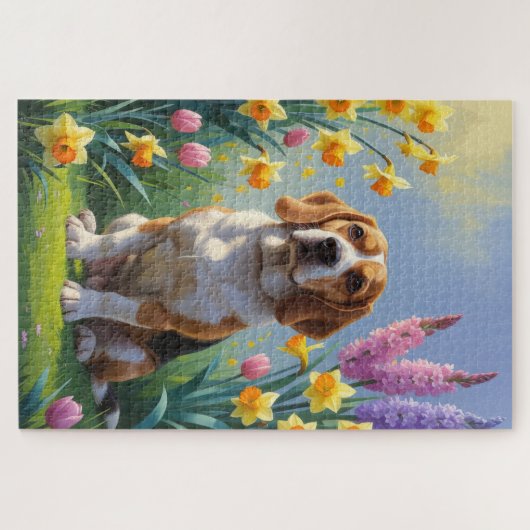 Beagle Dog Spring Bloemen Schilderen Legpuzzel (Horizontaal)