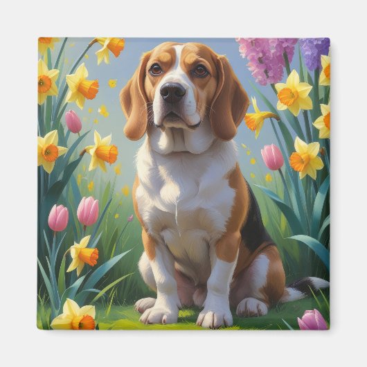 Beagle Dog Spring Bloemen Schilderen Magneet (Voorkant)