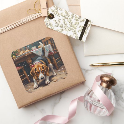 Beagle Dog Tracking Gingerbread Christmas Fun Art Vierkante Sticker (Geschenken)
