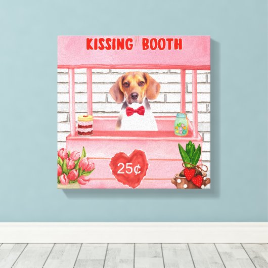 Beagle Dog Valentijnsdag Kissing Booth Canvas Afdruk (Insitu (Houten vloer))