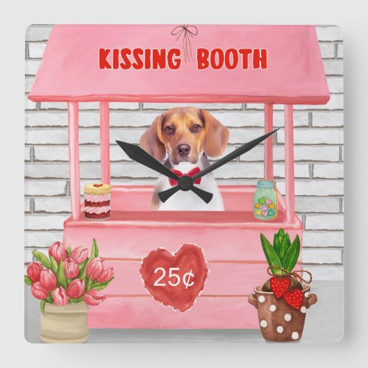 Beagle Dog Valentijnsdag Kissing Booth Vierkante Klok (Voorkant)