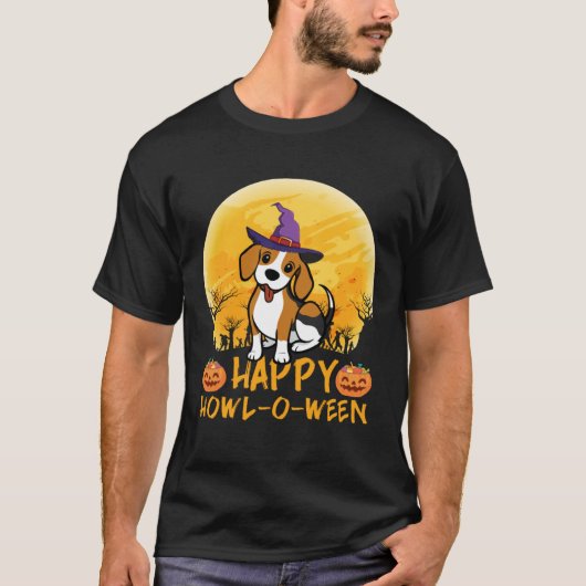Beagle Dog Witch Scary Moon Halloween Happy Howl o T-shirt (Voorkant)