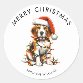 Beagle Dog Wrapped In Christmas Light Ronde Sticker