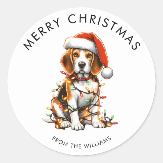 Beagle Dog Wrapped In Christmas Light Ronde Sticker (Voorkant)