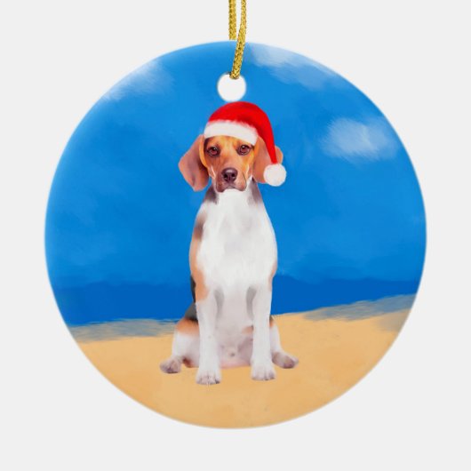 Beagle Dog Zittend Op Strand Kerst Pet Keramisch Ornament (Voorkant)