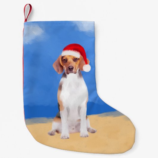 Beagle Dog Zittend Op Strand Kerst Pet Kleine Kerstsok (Voorkant)