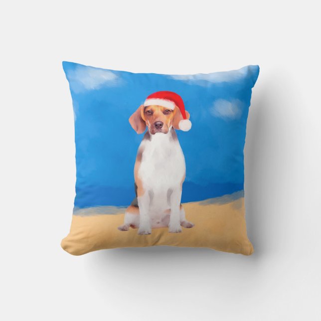 Beagle Dog Zittend Op Strand Kerst Pet Kussen (Voorkant)