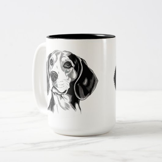 Beagle Dog Zwart-wit Omtrek Silhouet Tweekleurige Koffiemok (Voorkant links)