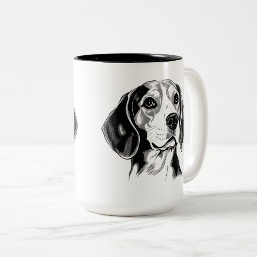 Beagle Dog Zwart-wit Omtrek Silhouet Tweekleurige Koffiemok (Voorkant rechts)