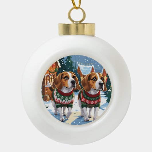Beagle Dogs Christmas Snow Holiday Keramische Bal Ornament (Voorkant)