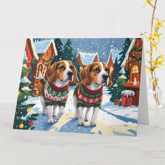 Beagle Dogs Kerstmis Sneeuw Vakantie Kaart (Gele Bloem)