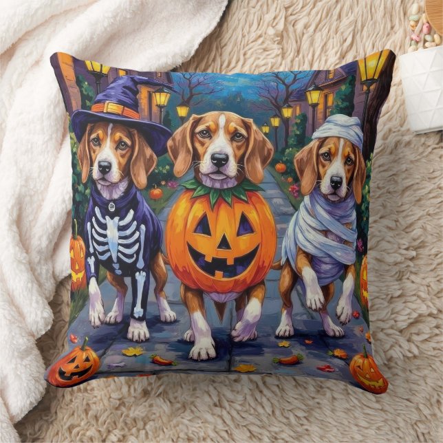 Beagle Dogs Trick-or-Treating in Halloween kostuum Kussen (Deken)