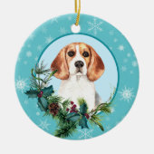 Beagle Evergreen Blue Snowflake Border Keramisch Ornament (Voorkant)
