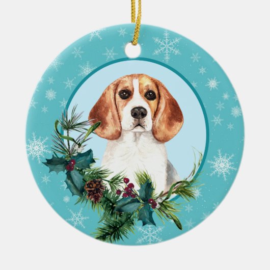 Beagle Evergreen Blue Snowflake Border Keramisch Ornament (Voorkant)