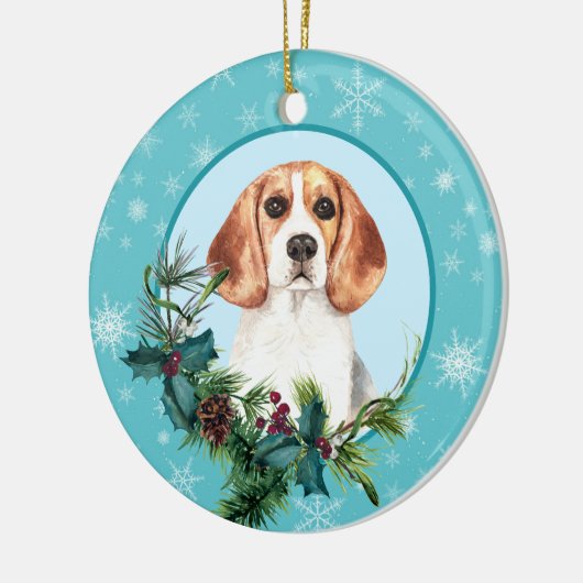 Beagle Evergreen Blue Snowflake Border Keramisch Ornament (Links)