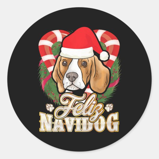 Beagle Feliz Navidog Santa Claus Pet Hondenkerst Ronde Sticker (Voorkant)