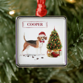 Beagle Funny Kersthond met boom Metalen Ornament