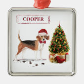 Beagle Funny Kersthond met boom Metalen Ornament (Voorkant)