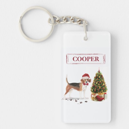 Beagle Funny Kersthond met boom Sleutelhanger (Voorkant)