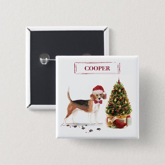 Beagle Funny Kersthond met boom Vierkante Button 5,1 Cm (Voorkant /achterkant)