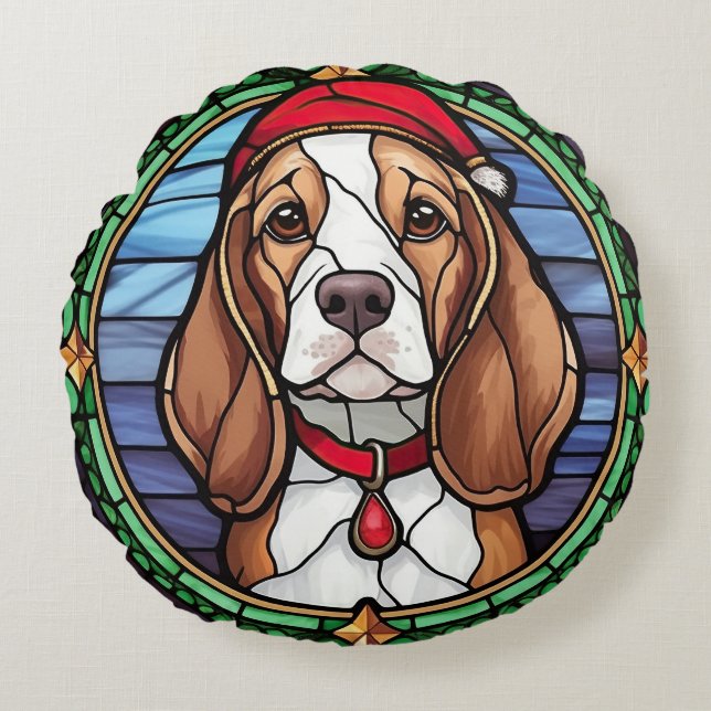 Beagle Gebrandschilderd Glas Kerstmis Rond Kussen (Voorkant)