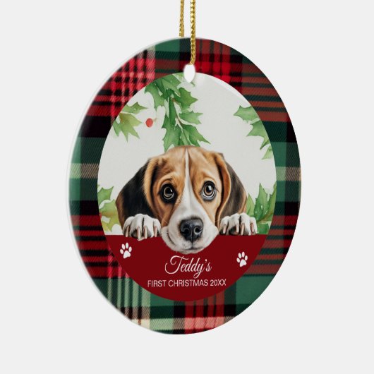 Beagle gepersonaliseerde eerste kerst keramisch ornament (Rechts)