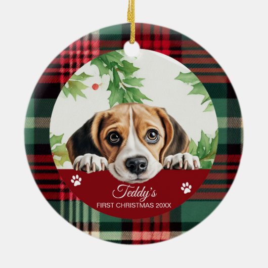 Beagle gepersonaliseerde eerste kerst keramisch ornament (Achterkant)