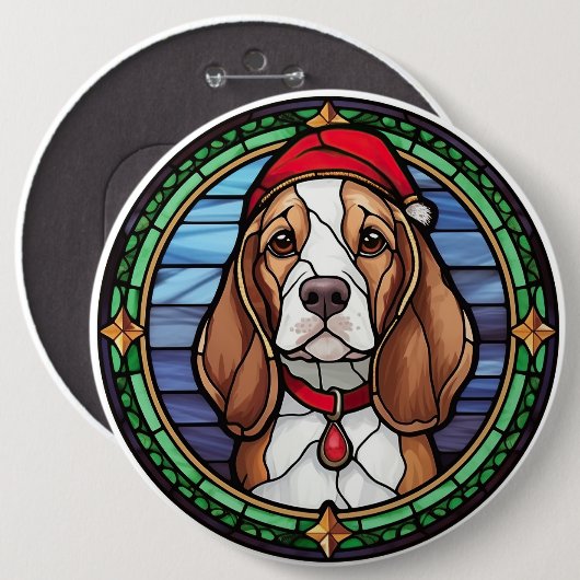 Beagle Glas in lood Kerst Ronde Button 6,0 Cm (Voorkant /achterkant)