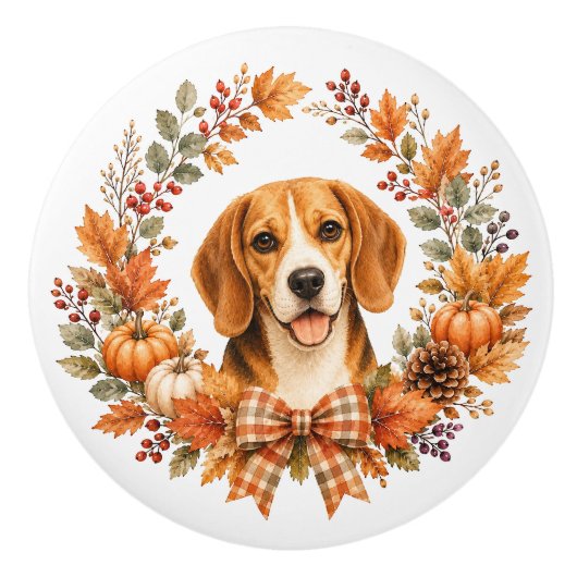 Beagle Herfstkrans Keramische Knop (Voorkant)