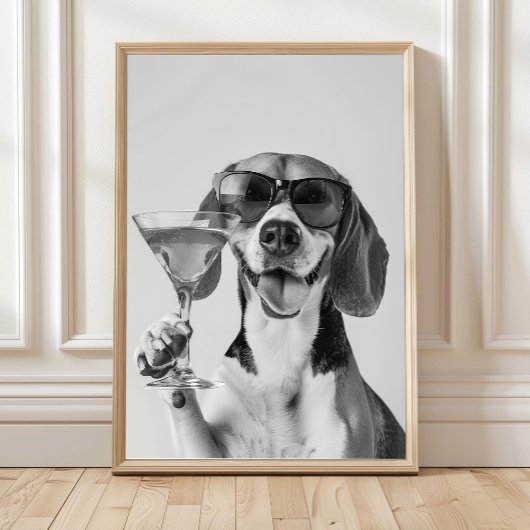 Beagle Holding A Cocktail Wall Art, Black and Whit Poster