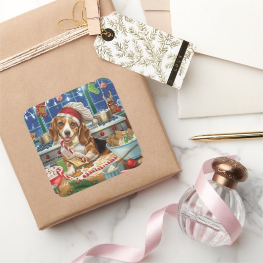 Beagle Holiday Baking: Feestelijke Kerst Vierkante Sticker (Geschenken)