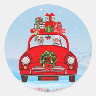 Beagle-hond in auto met kerstman ronde sticker