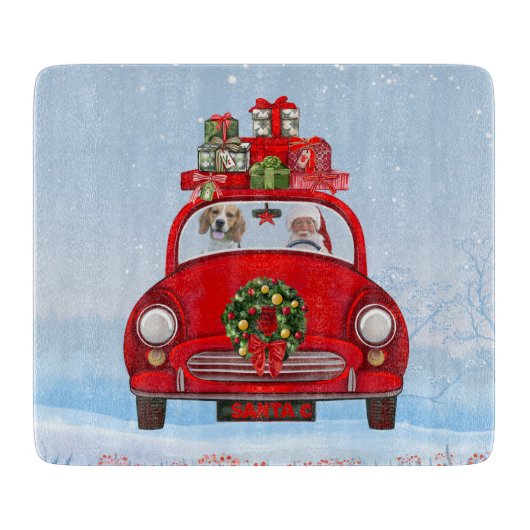 Beagle-hond in auto met kerstman  snijplank (Voorkant)