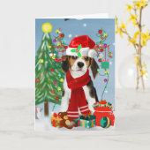 Beagle-hond in de sneeuw met kerstcadeaus kaart (Gele Bloem)
