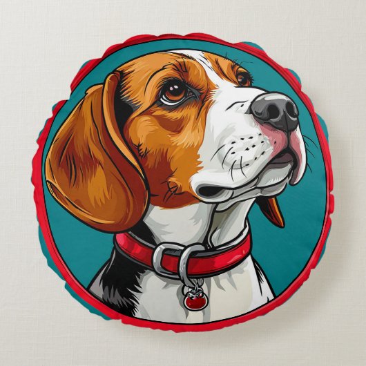 Beagle hond in een rode halsband rond kussen (Voorkant)