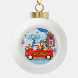 Beagle-hond in kerstbezorgingswagen sneeuw keramische bal ornament
