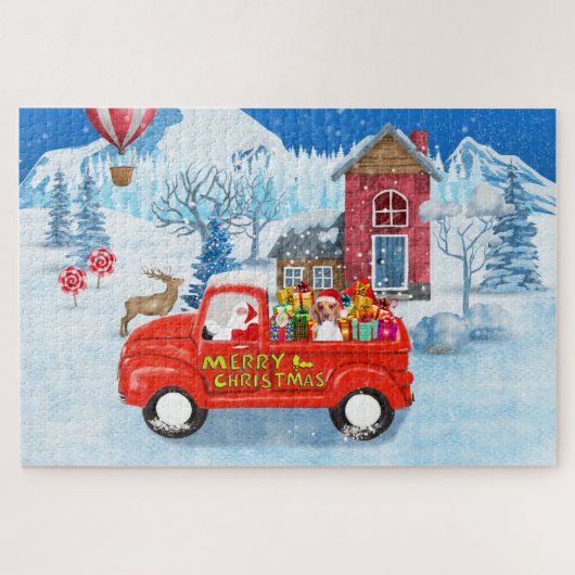 Beagle-hond in kerstbezorgingswagen sneeuw legpuzzel (Horizontaal)