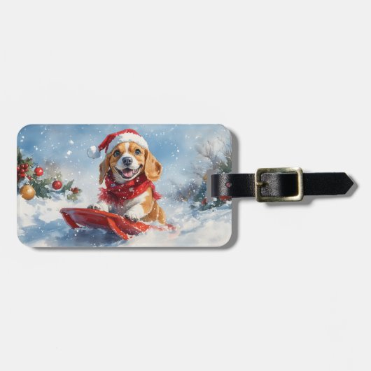 Beagle-hond in slee laat het sneeuwen Kerstmis Bagagelabel (Voorkant horizontaal)