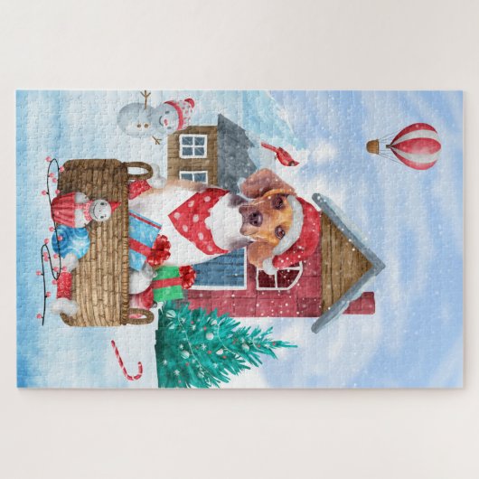 Beagle-hond in sneeuw Kerstmis Hondenhok Legpuzzel (Horizontaal)