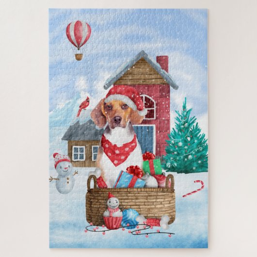 Beagle-hond in sneeuw Kerstmis Hondenhok Legpuzzel (Verticaal)