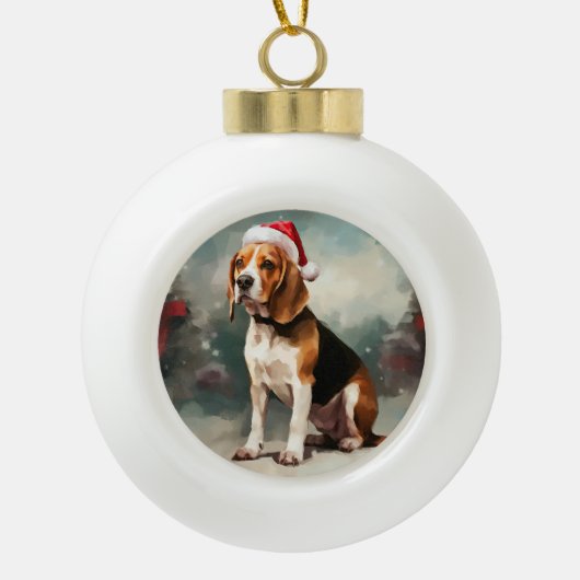 Beagle Hond in Sneeuw Kerstmis Keramische Bal Ornament (Voorkant)