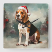 Beagle Hond in Sneeuw Kerstmis Vierkante Klok (Voorkant)