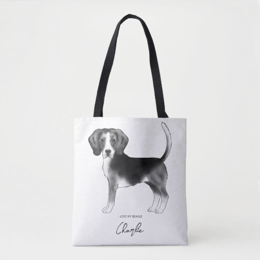 Beagle Hond in Zwart en Wit en Aangepaste Tekst Tote Bag (Voorkant)