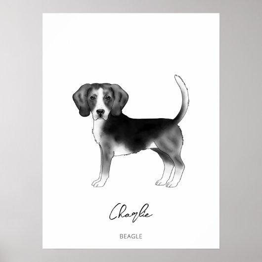 Beagle Hond in Zwart en Wit met Aangepaste Tekst Poster (Voorkant)