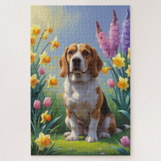 Beagle-hond lente bloemen schilderij legpuzzel (Verticaal)